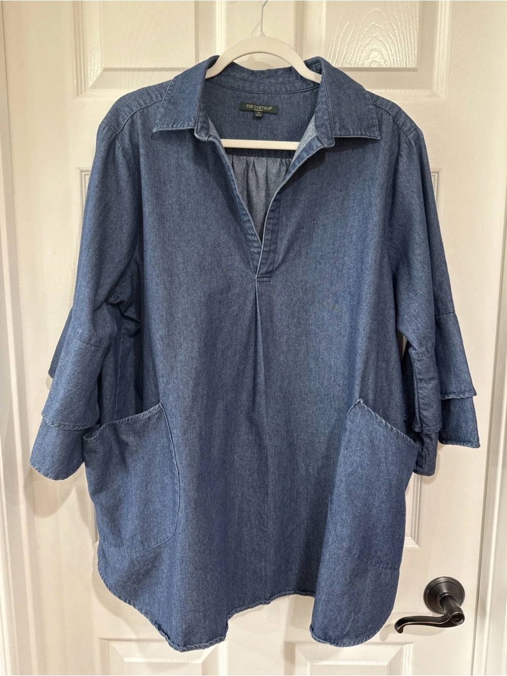 For Cynthia Woman 1X Pullover Tunic Blouse 3/4 Sleeve Pockets Blue Lagenlook
